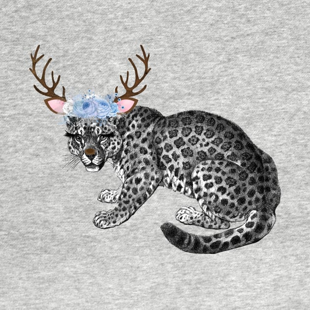 Funny Snow Leopard with Reindeer Antlers and Blue Flowers by SeaChangeDesign